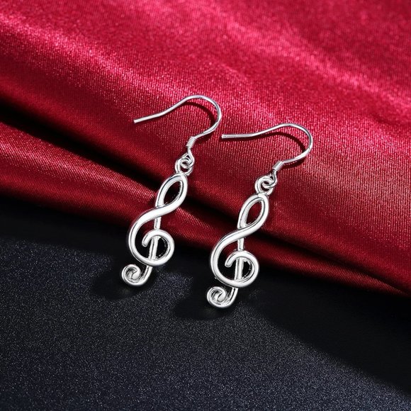 Cute Lil 1.5" Musical Note Drop Earrings Solid Sterling Silver "Hypoallergenic" - Picture 2 of 4